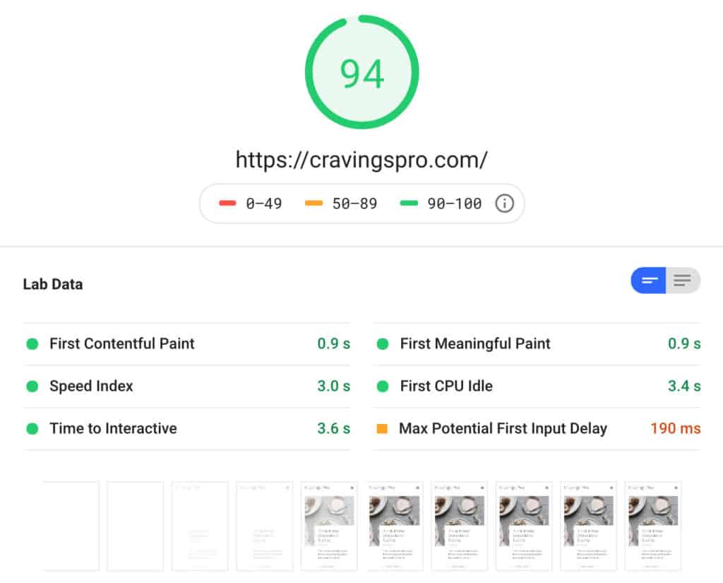 Cravings Pro pagespeed score